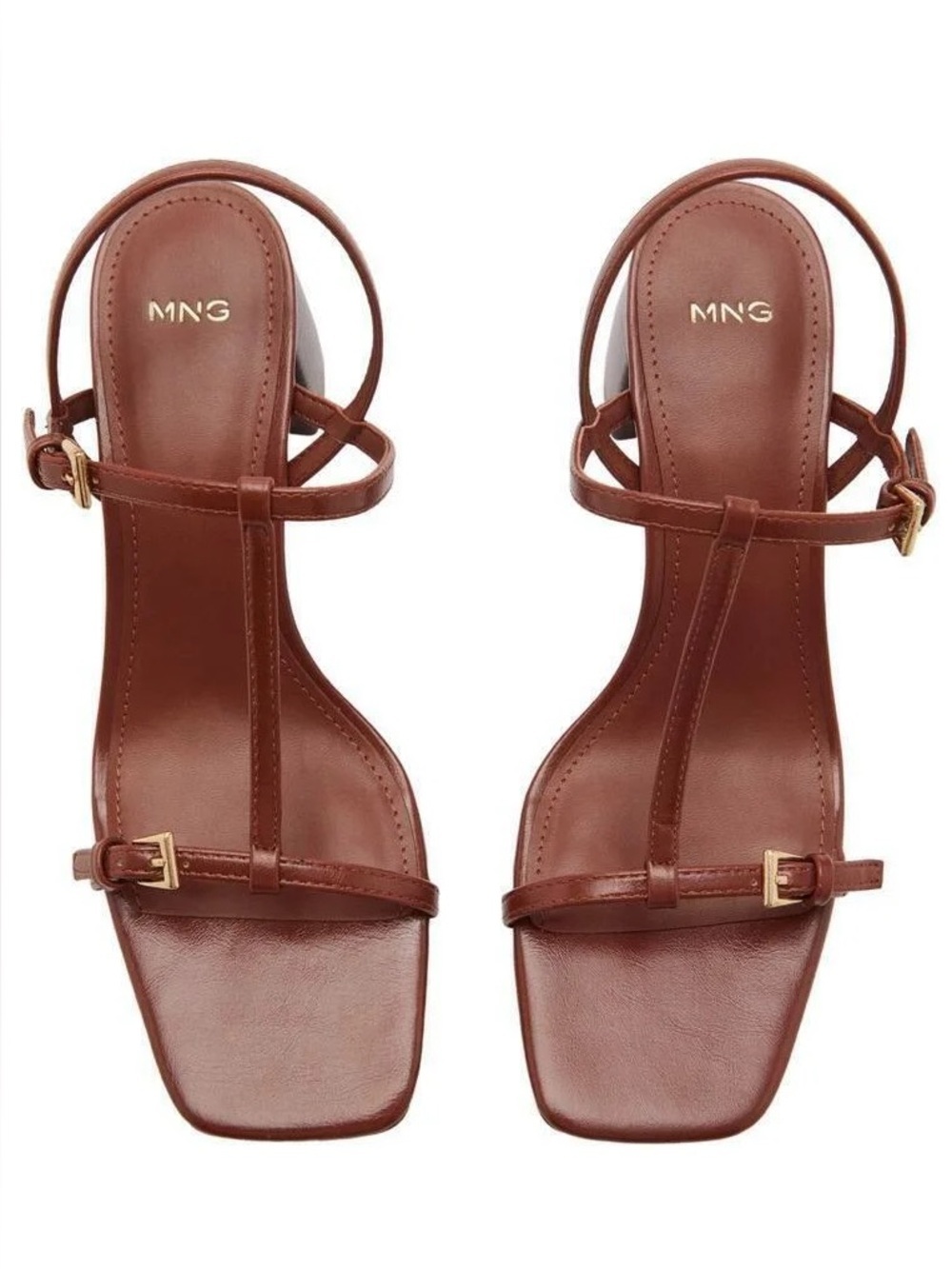 Mango Brown Leather Slingback T-Strap Sandals with Gold Buckles